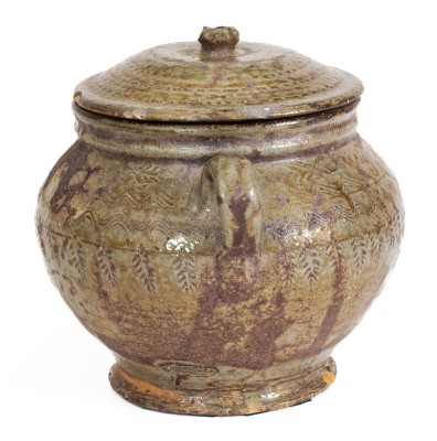 Outstanding Lidded Alabama Alkaline-Glazed Stoneware Jar w/ Impressed Leaf Decoration