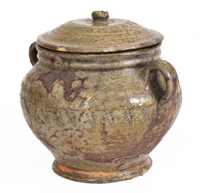 Outstanding Lidded Alabama Alkaline-Glazed Stoneware Jar w/ Impressed Leaf Decoration