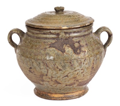 Outstanding Lidded Alabama Alkaline-Glazed Stoneware Jar w/ Impressed Leaf Decoration