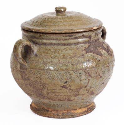 Outstanding Lidded Alabama Alkaline-Glazed Stoneware Jar w/ Impressed Leaf Decoration