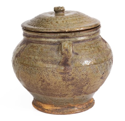 Outstanding Lidded Alabama Alkaline-Glazed Stoneware Jar w/ Impressed Leaf Decoration