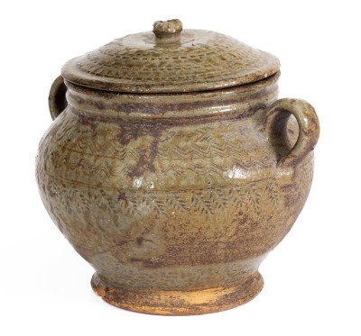 Outstanding Lidded Alabama Alkaline-Glazed Stoneware Jar w/ Impressed Leaf Decoration