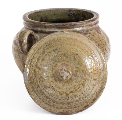 Outstanding Lidded Alabama Alkaline-Glazed Stoneware Jar w/ Impressed Leaf Decoration