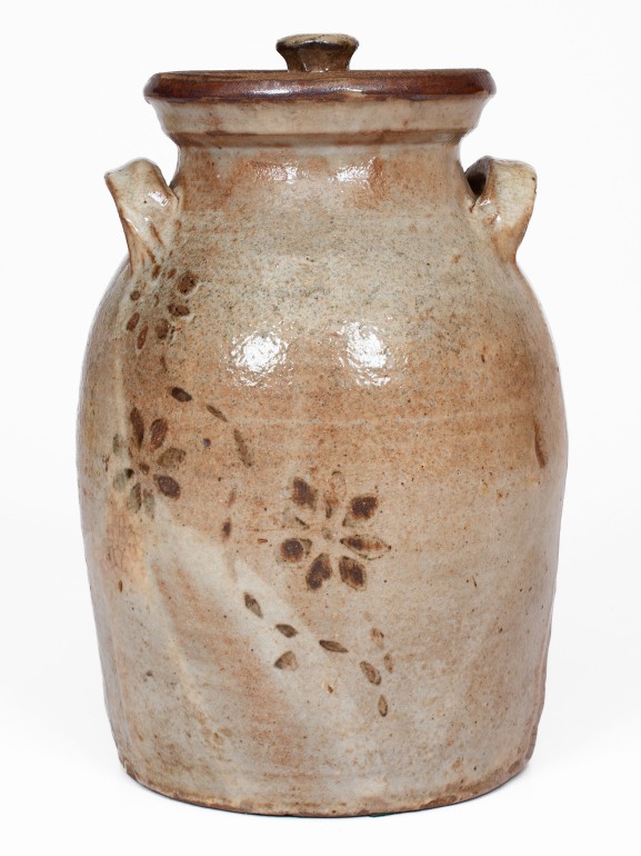 Fine Lidded Stoneware Jar w/ Alkaline Glaze and Brown Slip Floral Decoration, attrib. Whelchel Family, Gaffney, SC