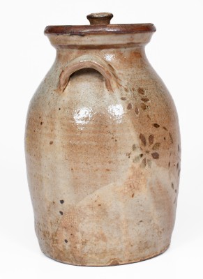 Fine Lidded Stoneware Jar w/ Alkaline Glaze and Brown Slip Floral Decoration, attrib. Whelchel Family, Gaffney, SC