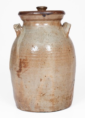 Fine Lidded Stoneware Jar w/ Alkaline Glaze and Brown Slip Floral Decoration, attrib. Whelchel Family, Gaffney, SC