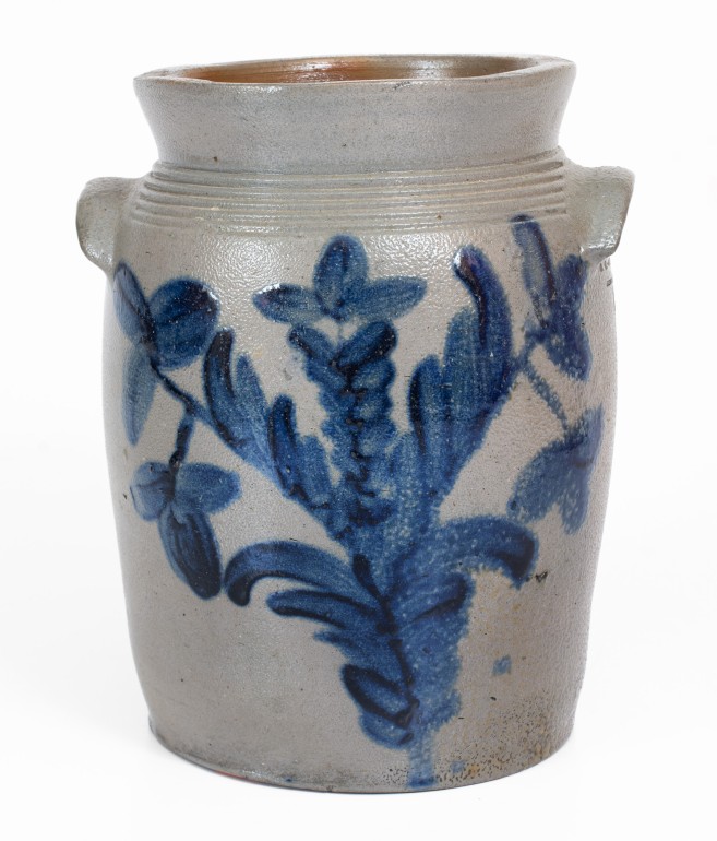 Extremely Rare B.C. MILBURN / ALEXANDRIA, D.C. Stoneware Jar w/ Elaborate Cobalt Floral and Potted Flower Motifs, c1840