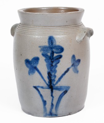 Extremely Rare B.C. MILBURN / ALEXANDRIA, D.C. Stoneware Jar w/ Elaborate Cobalt Floral and Potted Flower Motifs, c1840