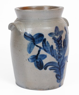 Extremely Rare B.C. MILBURN / ALEXANDRIA, D.C. Stoneware Jar w/ Elaborate Cobalt Floral and Potted Flower Motifs, c1840