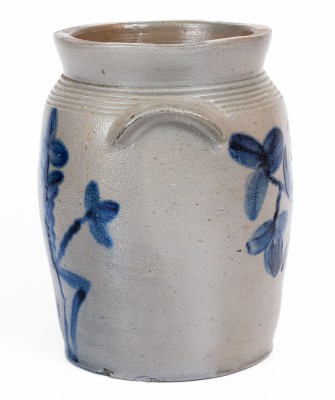 Extremely Rare B.C. MILBURN / ALEXANDRIA, D.C. Stoneware Jar w/ Elaborate Cobalt Floral and Potted Flower Motifs, c1840