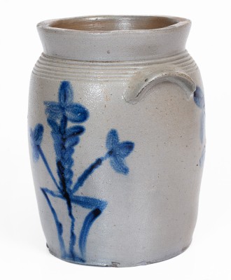 Extremely Rare B.C. MILBURN / ALEXANDRIA, D.C. Stoneware Jar w/ Elaborate Cobalt Floral and Potted Flower Motifs, c1840