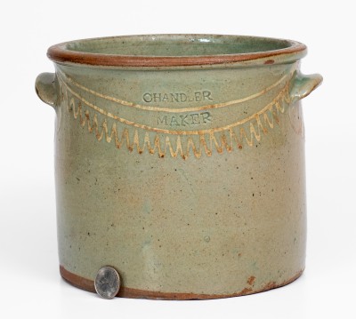 Fine CHANDLER / MAKER Stoneware Cake Crock w/ Kaolin Slip Decoration, Thomas Chandler, Edgefield District, SC, c1850