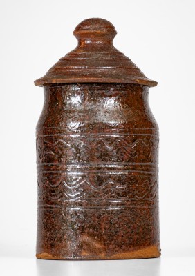 Rare attrib. Hinkle-Mort Pottery, Jefferson County, TN Diminutive Glazed Redware Jar w/ Lid, c1855-60