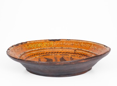 Exceptional Pennsylvania Redware Bowl w/ Elaborate Four-Color-Slip Decoration and Pennsylvania-German Inscription