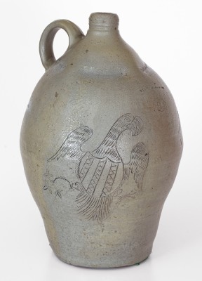 Exceedingly Rare and Important WHEELING POTTERY Stoneware Jug w/ Incised Eagle and Bird Motifs, VA (now WV), c1817