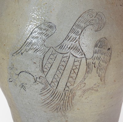 Exceedingly Rare and Important WHEELING POTTERY Stoneware Jug w/ Incised Eagle and Bird Motifs, VA (now WV), c1817