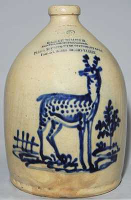 J. &. E. NORTON / BENNINGTON, VT Stoneware Deer Jug w/ Cherry Valley, NY Advertising